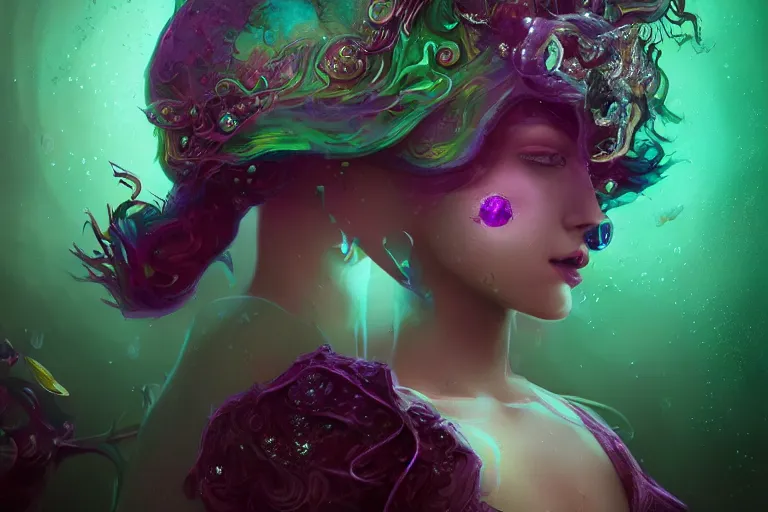 Prompt: tom bagshaw inspired, ultra realist portrait waves miniaturesdiamonds and rubies gems underwater curiosities reflections and refractions carnival, a single very beautiful enchantress in full underwater armor, symmetry accurate features, focus, very intricate ultrafine details, green purple aqua volumetric lights, award winning masterpiece, octane render 8 k hd