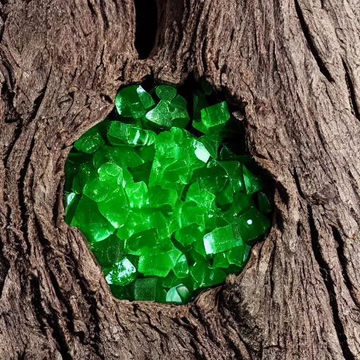 Prompt: green crystals growing out of a tree, complex form, 40nm, shallow depth of field, split lighting, 4k,