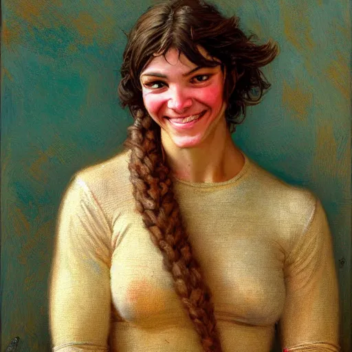 Image similar to a portrait of an anthromorphic pitbull female wearing a sweater and smiling at the viewer. highly detailed painting by gaston bussiere, craig mullins, j. c. leyendecker 8 k