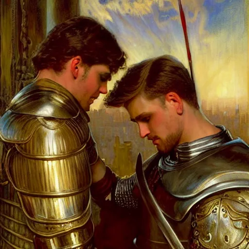 Image similar to attractive fully clothed arthur pendragon confesses his love for his attractive fully clothed male knight. highly detailed painting by gaston bussiere and j. c. leyendecker 8 k