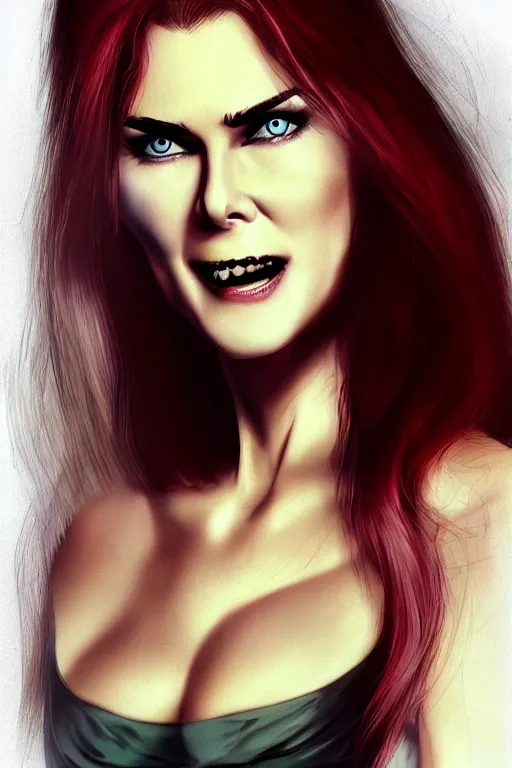 Image similar to mix of beautiful young maria shriver, mariel hemmingway, brooke shields, nicole kidman and elle macpherson as a vampire showing vampire teeth, ready to bite, thin lips, hair tied up in a pony tail, dark blonde hair, colorful, deviantart, artstation, cgsociety