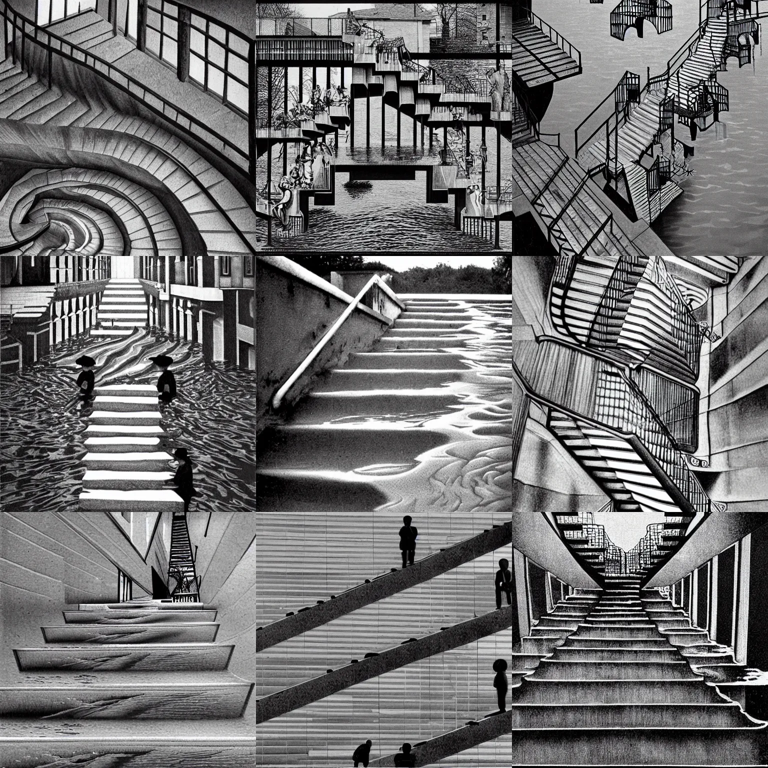 Prompt: mc escher's stairs flooding, surreal, by mc escher