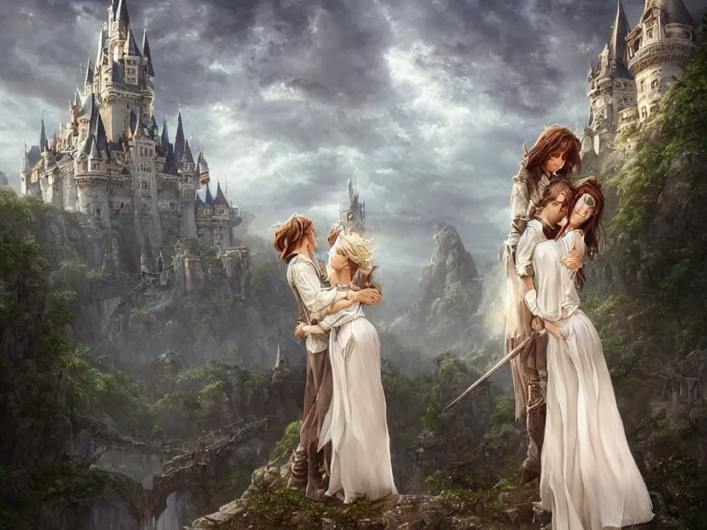 Prompt: beautiful woman in a white blouse hugging an prince, goddess, blurry castle backround, sunny, fine art, awesome fantasy book cover on Pinterest, award winning, dark fantasy landscape, fantasy magic, intricate, elegant, sharp focus, cinematic lighting, highly detailed, digital painting, concept art, art by WLOP and Artgerm and Greg Rutkowski, masterpiece, trending on artstation, 8K