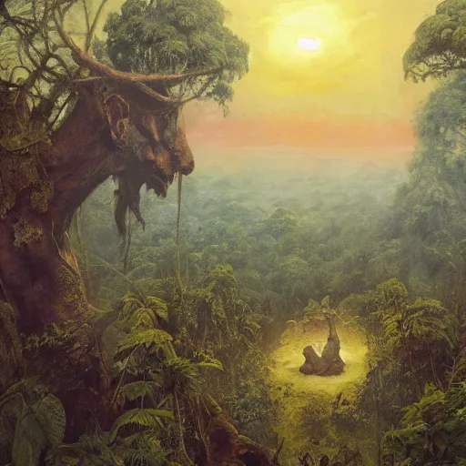 Prompt: giant cut off statue of libertys head with crown is lying sideways on the ground reclaimed by the jungle .surrounded by tall vines in oversized misty jungle, moody sunset and dramatic sky , oil painting by frazetta, low angle, postapocalyptic, cinemascope panorama