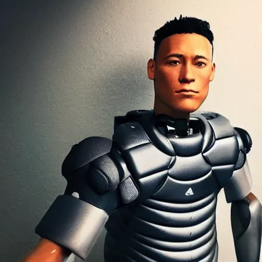 Image similar to “a realistic detailed photo of a guy who is an attractive humanoid who is half robot and half humanoid, who is a male android, baseball player Aaron Judge, shiny skin, posing like a statue, blank stare”