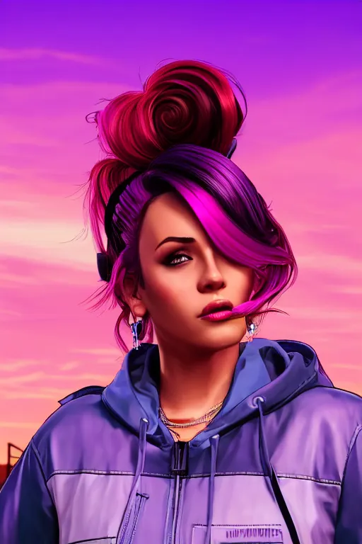 Prompt: a stunning GTA V loading screen with a beautiful woman with ombre hairstyle in purple and pink blowing in the wind, sunset, outrun, vaporware, retro, digital art, trending on artstation