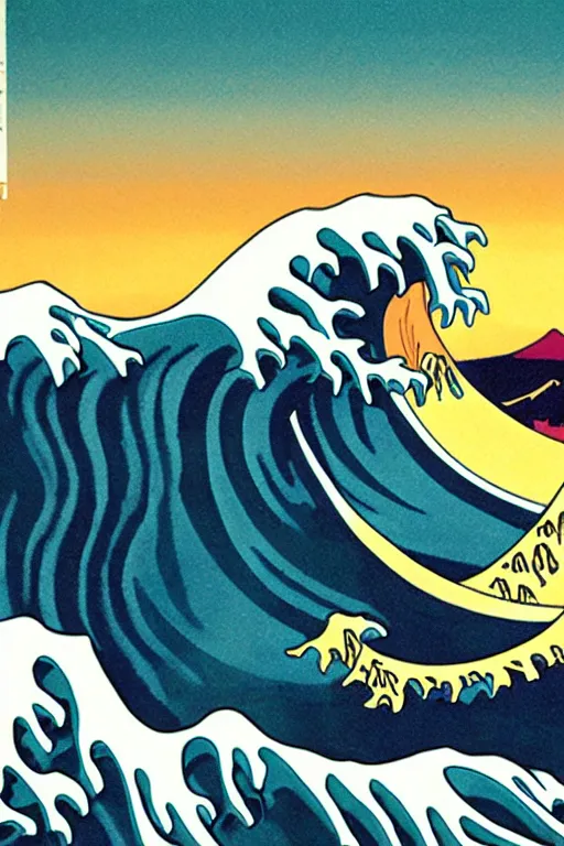 Image similar to Patrick Nagel Poster Illustration of The Great Wave off Kanagawa, sunset in the background