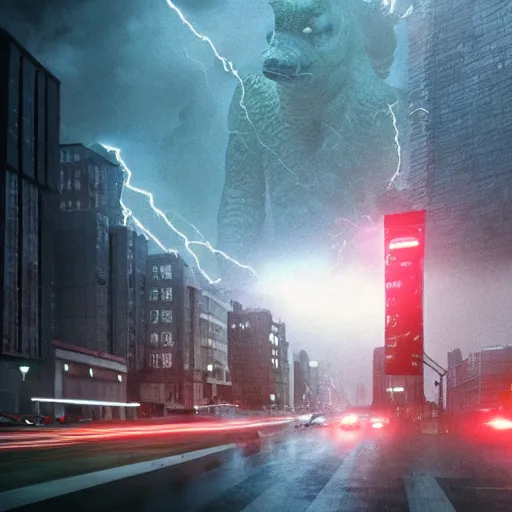 Image similar to 8 k hd detailed octane render of a kaiju in city in a thunderstorm