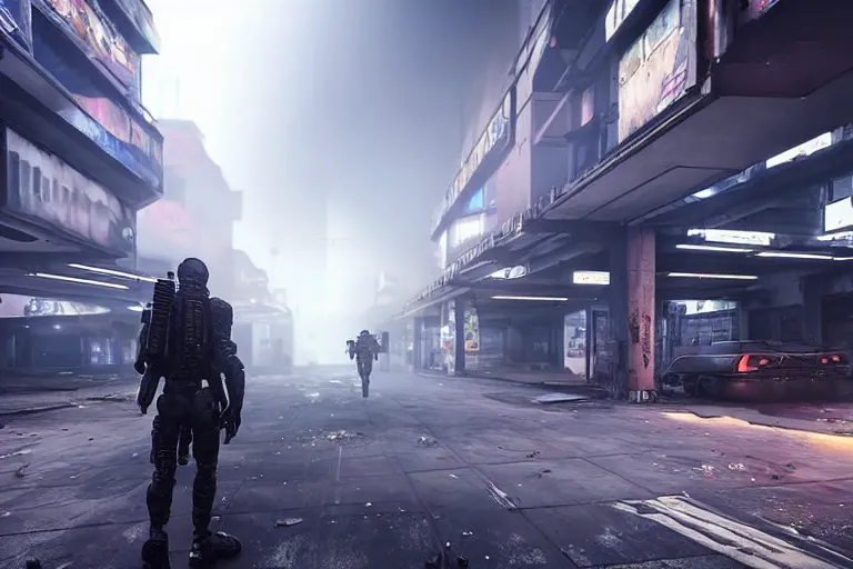 Image similar to hyper realistic fps game trailer on a abandoned cyberpunk shopping mall, a crew of high tech soldiers are in, cinematic lightning, ray tracing, unreal engine, photorealistic fps game concept art, detailed, dark, moody, foggy