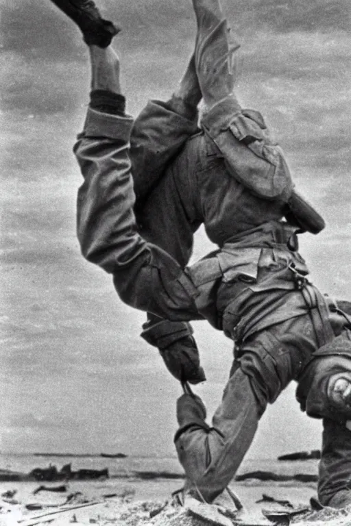 Image similar to historical ww 2 photograph of'pauly shore '!!! doing a handstand on d - day invasion of normandy