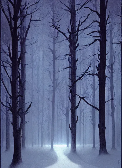 Prompt: a snow dark forest with glowing elves by Edward Hopper and James Gilleard, Zdzislaw Beksinski highly detailed