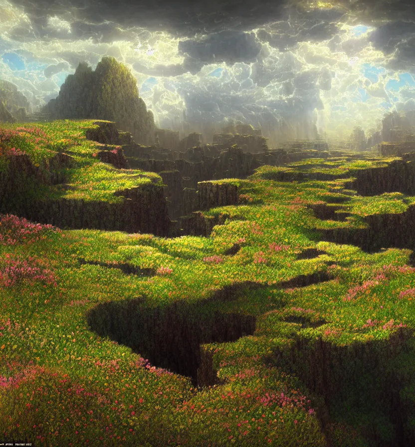 Image similar to detailed fractal tectonic landscape, in a vast wildflower garden landscape that meets the ocean, by glenn small, by albert bierstadt, photorealism, hyper realism, octane render, unreal engine, volumetric light, depth of field, volumetric clouds, god rays, lens flares, detailed, intricate, twin motion, megascan, high resolution, realistic render