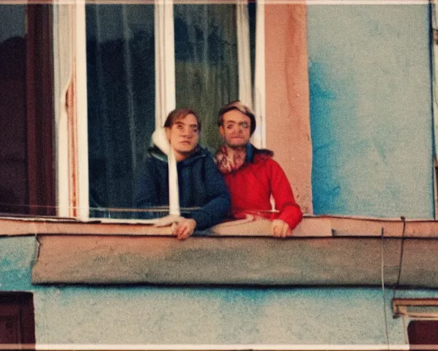 Image similar to lomo photo of pair standing on small hrushevka balcony full with cigarette smoke in small russian town looking at sunset, cinestill, bokeh