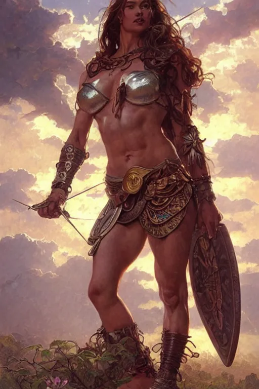 Prompt: full body portrait, thin muscular viking amazon warrior woman, 6 pack ab, symmetrical beautiful face, relaxed pose. by stanley artgerm lau, greg rutkowski, thomas kindkade, alphonse mucha, loish, norman rockwell ross tran