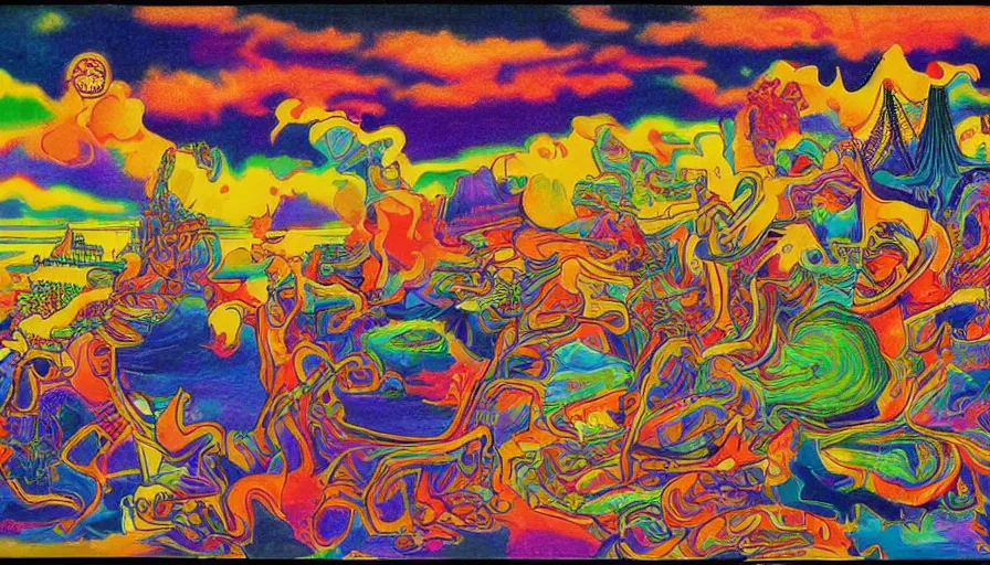 Prompt: Japan travel and tourism c2050, surrealist psychedelic painting in the style of Thom Wasselmann, Terry Pastor, Yoshio Awazu, vivid color