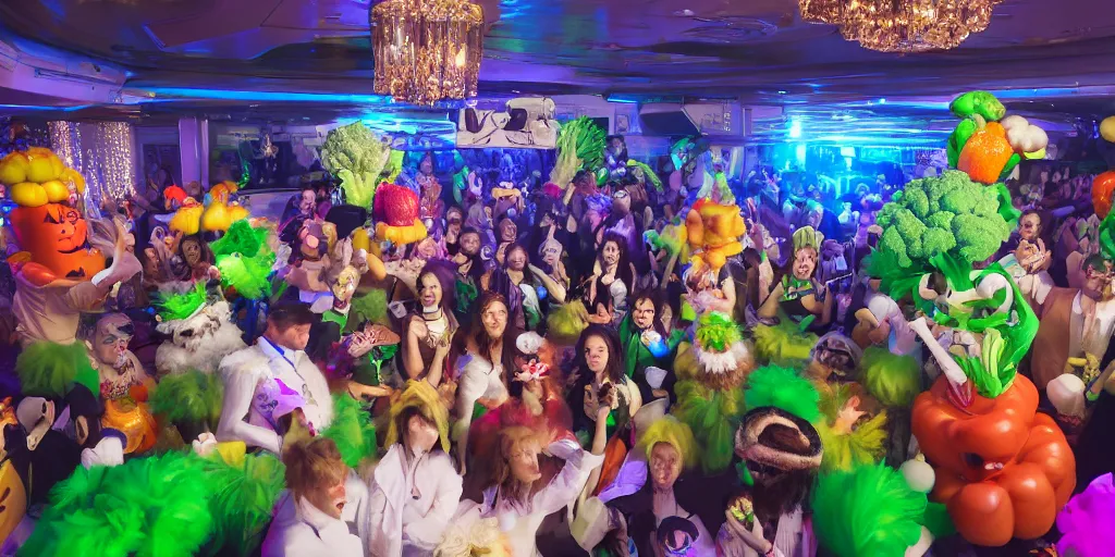 Image similar to 8 k uhd cinema 4 d, octane render of multiple cats dressed as vegetables with vegetables as masks, vegetables dressed as cats with fluffy tails, line dancing at a party, in the ballroom of a luxury cruise liner, beautiful chandeliers from the ceiling, ultra realistic, group photography, 1 0 5 mm lens, multi coloured volumetric lighting
