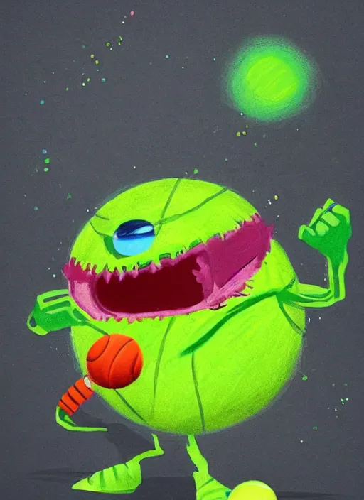 Image similar to tennis ball monsters playing tennis, a tennis ball monster, tennis ball, colorful, digital art, fantasy, magic, trending on artstation, ultra detailed, professional illustration, chalk, poster artwork by basil gogos, clean