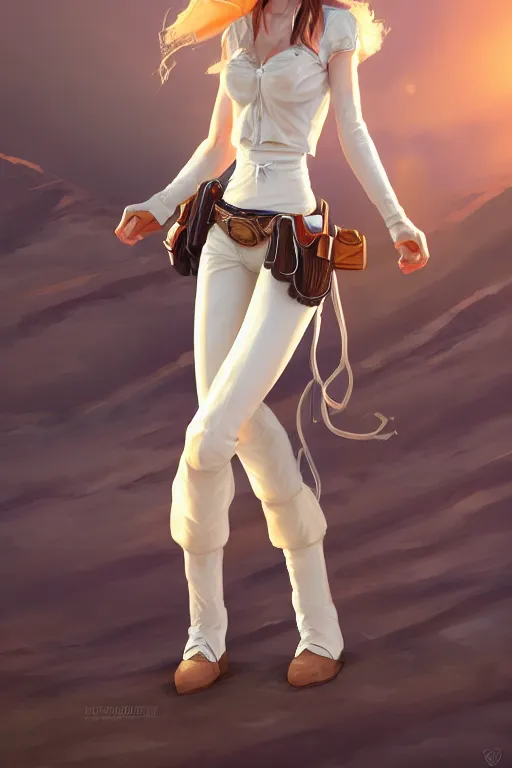 Image similar to full body, female cowgirl, perfect face, white blouse, holster, 8 k, magic the gathering, desert, d & d, artstation, high detail, smooth, sweaty