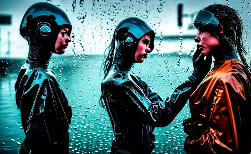 Image similar to cinestill 5 0 d candid photographic portrait by steve mccurry of two loving female androids sobbing wearing rugged black mesh techwear in treacherous waters, flooded city, medium closeup, retrofuturism cyberpunk moody emotional cinematic, pouring iridescent rain bright spotlight helicopter, 8 k, hd, high resolution, 3 5 mm, f / 3 2, ultra realistic faces, ex machina