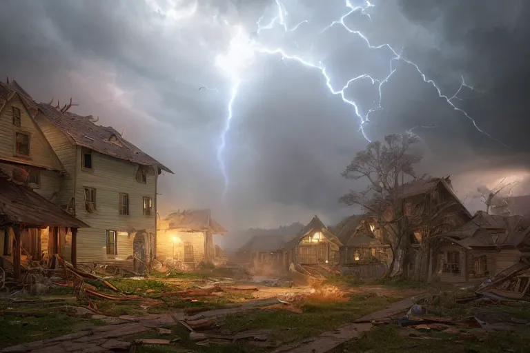 Prompt: a tornado tearing apart a wooden village, god - rays, ray - tracing, cinematic lighting, 4 k smooth, focus, cinematic, concept art, highly detailed, artstation, trending, feng zhu, shaddy safadi, noah bradley, tyler edlin, jordan grimmer, darek zabrocki, neil blevins, tuomas korpi