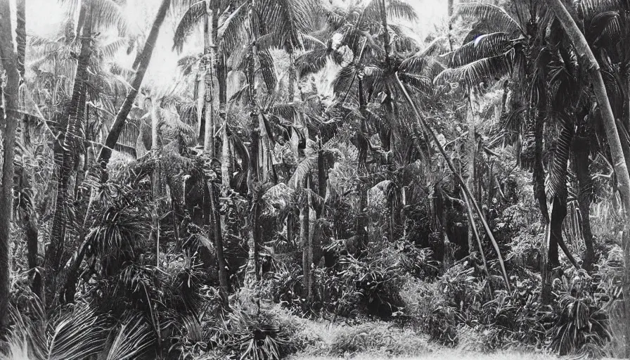 Image similar to lost film footage of a sacred object in the middle of the ( ( ( tropical jungle ) ) ) / film still / cinematic / enhanced / 1 9 2 0 s / black and white / grain