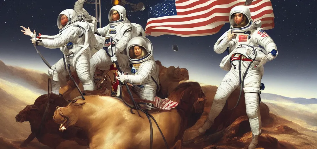 Image similar to George Washington in astronaut suit crossing the Rubicon with his soldiers in space, trending on artstation