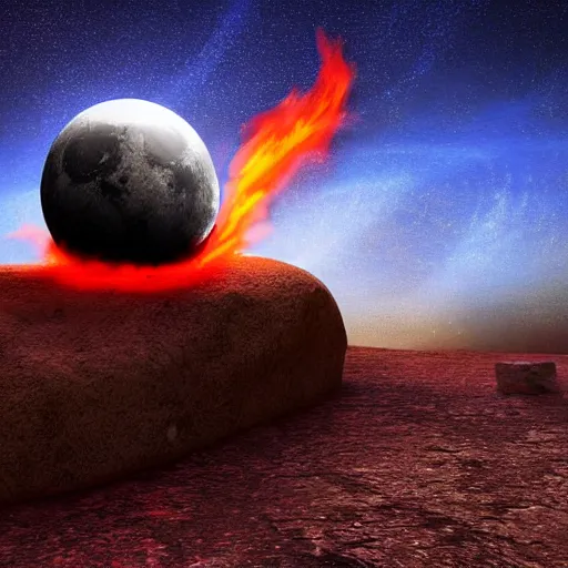 Image similar to a sword burning with blue fire sticks out of a stone, scorched earth around the stone, the sky glows red, a large moon, realistic art, digital art, 8 k, clear, sharp, very detailed