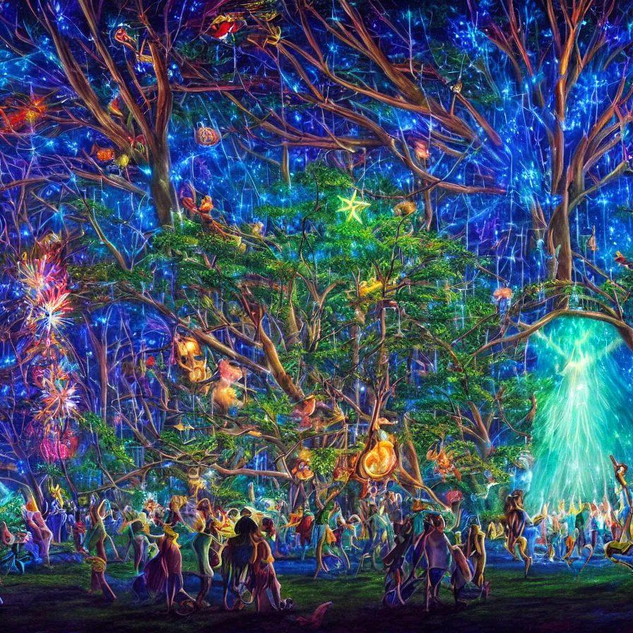 Image similar to closeup of a night carnival around a magical in a summer storm, tree cavity with a music scenario with many fireworks and christmas lights,, volumetric lightning, intense colored god rays in the sky, folklore people disguised with fantastic creatures in a magical forest by summer night, masterpiece painted by rob gonsalves, scene by dark night environment, refraction lights,