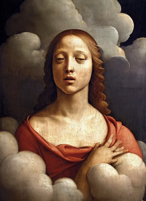 Image similar to renaissance painting of a weeping face enclosed in a circular cloud, painted by raffaello