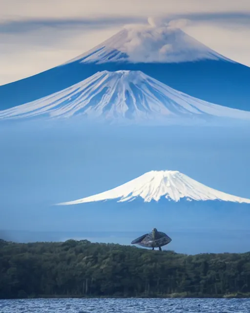 Image similar to photos of Gamera, the giant Turtle kaiju monster with an erupting Mount Fuji in the background, shot in the style of National Geographic, atmospheric, Japan, hyperreal