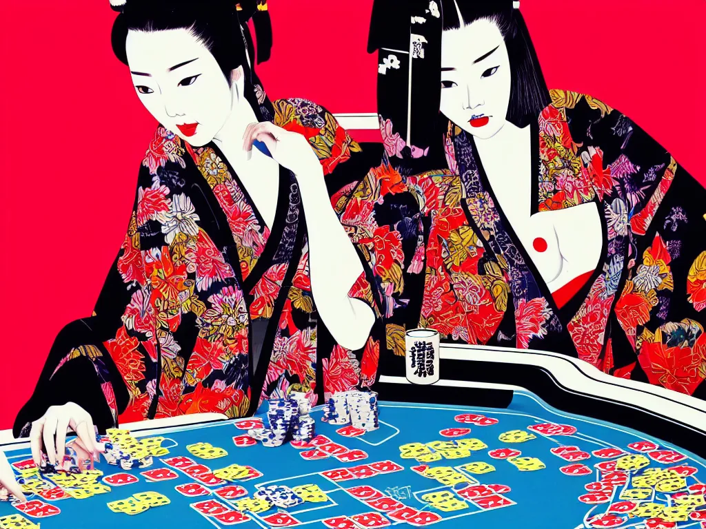 Image similar to hyperrealistic composition of the detailed woman in a japanese kimono sitting at a extremely detailed poker table with hyperdetailed darth vader, fireworks, mountain fuji on the background, pop - art style, jacky tsai style, andy warhol style, acrylic on canvas