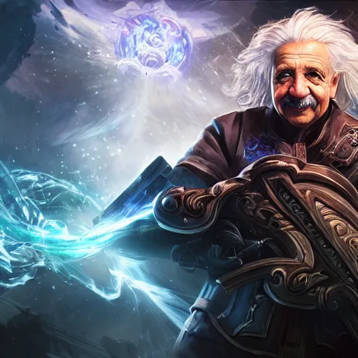 Image similar to portrait of albert einstein as a spellcaster, league of legends amazing splashscreen artwork, gears of war, splash art, natural light, elegant, photorealistic facial features, intricate, fantasy, detailed face, atmospheric lighting, anamorphic lens flare, cinematic lighting, league of legends splash art, hd wallpaper, ultra high details by greg rutkowski