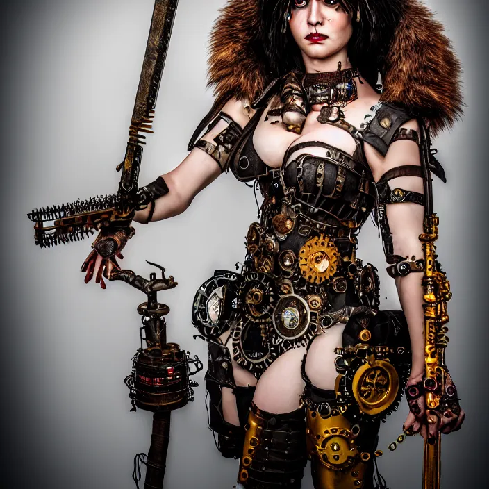 Image similar to full length portrait photograph of a real-life beautiful woman clockpunk warrior. Extremely detailed. 8k