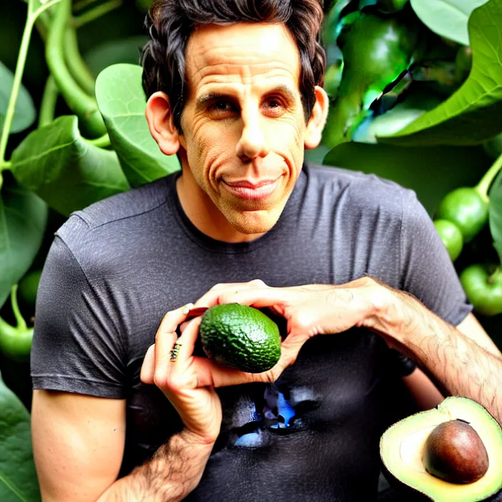 Image similar to ben stiller in the lotus position balancing stack of avocado on his head