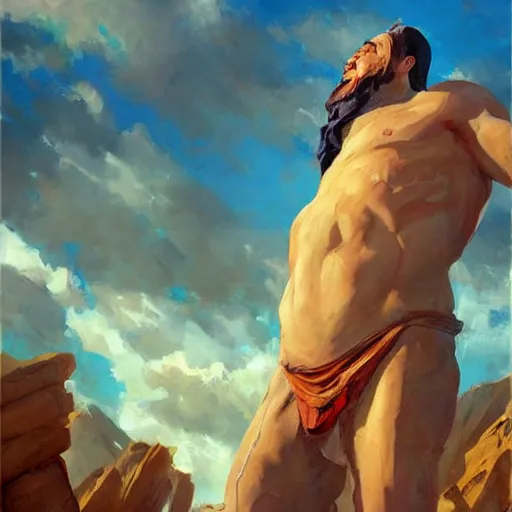 Prompt: Greg Manchess painting of a stone giant, medium shot, low angle, asymmetrical, Fantasy Art, Organic Painting, sunny day, Matte Painting, bold shapes, hard edges, street art, trending on artstation, by Huang Guangjian and Gil Elvgren and Sachin Teng
