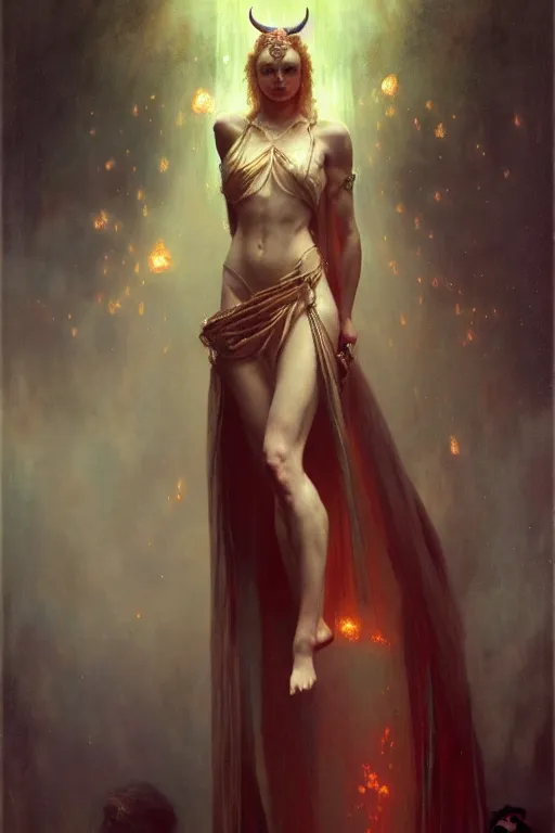 Image similar to a full body portrait of a demon girl wearing gown, high detail, cleary see face, by gaston bussiere, bayard wu, greg rutkowski, odd nerdrum, maxim verehin, realism, dan dos santos, masterpiece, sharp focus, cinematic lightning