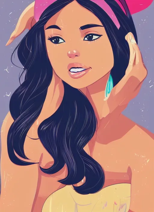 Image similar to woman, black hair, tan skin, curvy, slight resemblance to selena gomez wearing mickey's ears headband. colorful clothes. clean cel shaded vector art. shutterstock. behance hd by lois van baarle, artgerm, helen huang, by makoto shinkai and ilya kuvshinov, rossdraws, illustration,