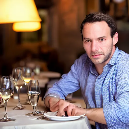 Prompt: photo in the year 2 0 0 0 of a frenchman from france seated in a restaurant. 5 0 mm, studio lighting