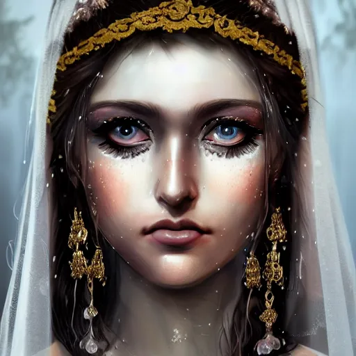 Prompt: ilyana vyulnika as a young german bride in the dark, heavy makeup, crying eyes, tears, leaked mascara, lipgloss, portrait, closeup, cute freckles, gloss effects, and exaggerated proportions, intricate jewelry, after rain, digital art by julia razumova and mel milton, trending on artstation, 4 k high quality