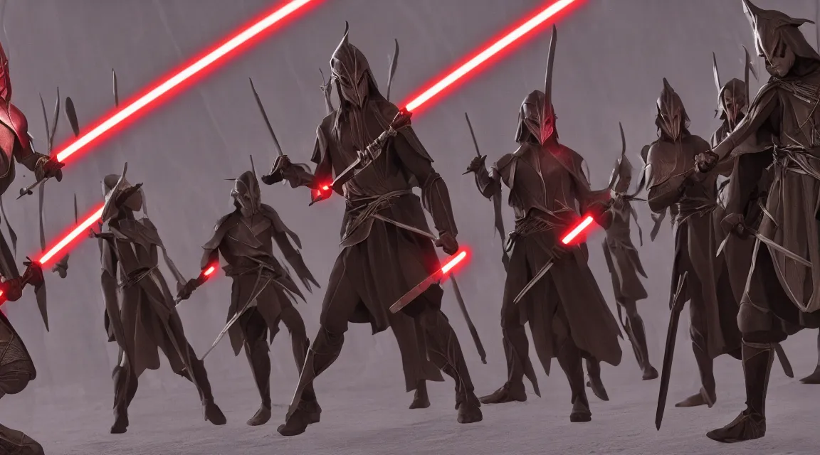 Prompt: LOTR elves and sith wielding lightsabers and bows, background Canon, 100mm, octane render, photorealistic, detailed, cinematic, 8k no blur, volumetric lightning