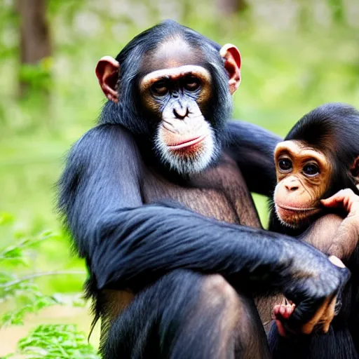 Prompt: chimpanzee grooming human, chimpanzee picking lice out of person's hair, photograph