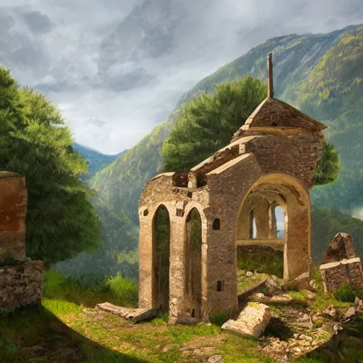 Image similar to ruins on top of mountain in the village of verclause france, digital painting, realism, 4 k,