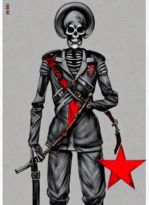 Image similar to shin megami tensei art of a demon that is a skeleton soviet!!! soldier!!! from 1 9 2 0 s wearing a budenovka!!!! with a red star!!, art by kazuma kaneko, demonic! compedium!, law aligned, digital drawing, white background, very high quality, very highly detailed