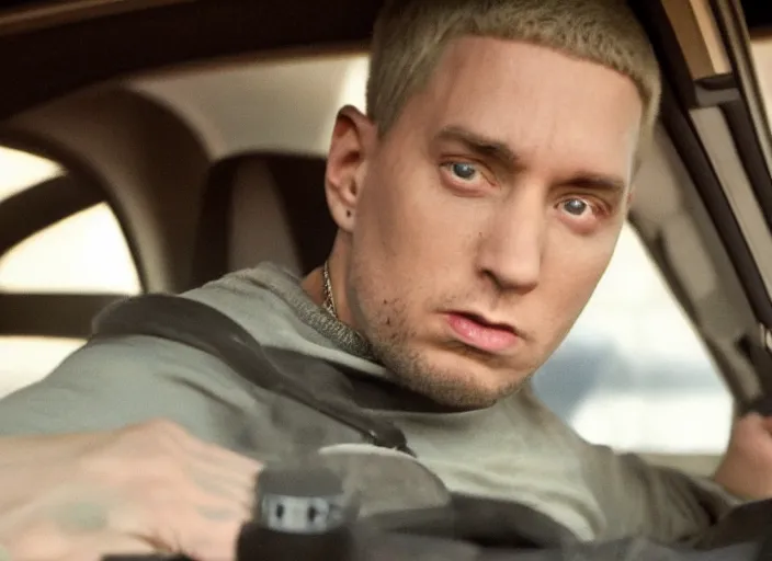 Image similar to a very high resolution image from a new movie, eminem in a car car. inside of a car. alone. mountains, directed by wes anderson