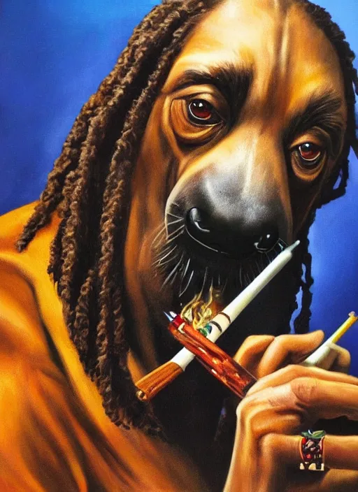 Image similar to ultra realistic portrait painting of snoop dogg as a sloth smoking a lit joint, art by frank frazetta, 4 k, ultra realistic, highly detailed, epic lighting