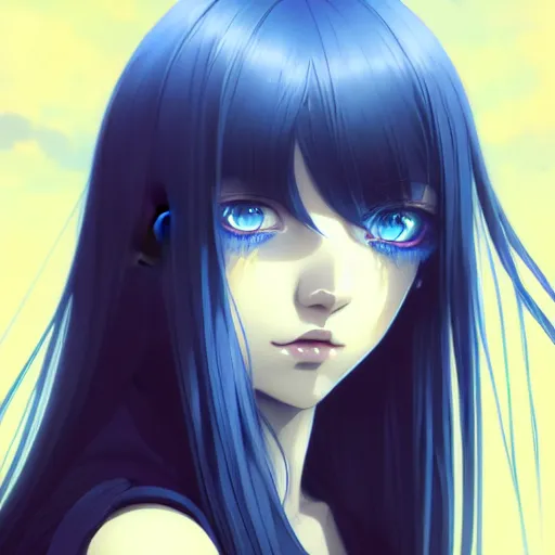 Image similar to attractive long blue - haired girl with bangs gothic anime character with amber eyes, noir, screenshot, anime, sharp focus, intricate, illustration, cell shaded, digital painting, highly detailed, concept art, matte, art by ilya kuvshinov, wlop, and greg rutkowski, studio quality, james jean, artem demura