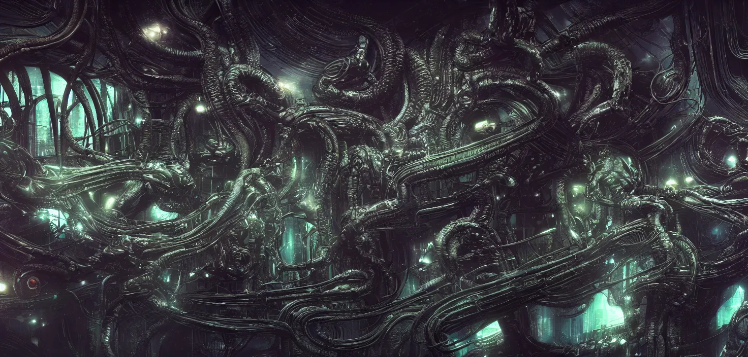 Image similar to Prometheus biological sci-fi environment set control close-up, ship control panel close-up, in a nightmarish universe of odd forms and somber tapestry, HR Giger and Vincent Di Fate, vivid color scheme, featured in artstation, octane render, cinematic, elegant, intricate, 8k