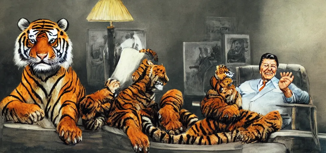 Image similar to [ ronald reagan sitting in chair with a tiger lying at his feet ]