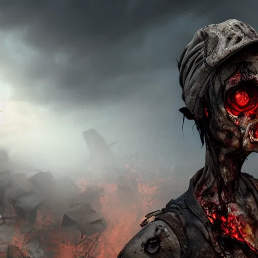 Prompt: post apocalyptic half burned zombie with pig nose, horror, details face, photo, bloody eyes, unreal engine, digital, artstation, detailed body, heavenly atmosphere, digital art, overdetailed art, trending on artstation, cgstudio, the most beautiful image ever created, dramatic, award winning artwork, beautiful scenery
