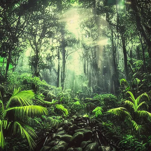 Prompt: dark tropical forest, life, sparkling spirits, detailed wide shot, photograph, ground detailed, wet eyes reflecting into eyes reflecting into infinity, beautiful lighting